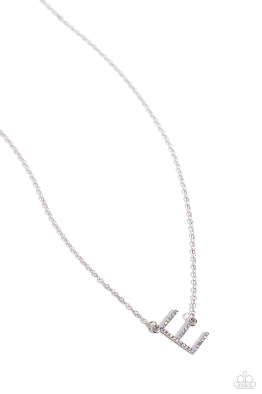 Paparazzi Accessories INITIALLY Yours - E - Multi Embossed with dainty iridescent rhinestones, a silver letter "E" hovers below the collar from a dainty silver chain, for a sentimentally simple design. Features an adjustable clasp closure. Due to its pris