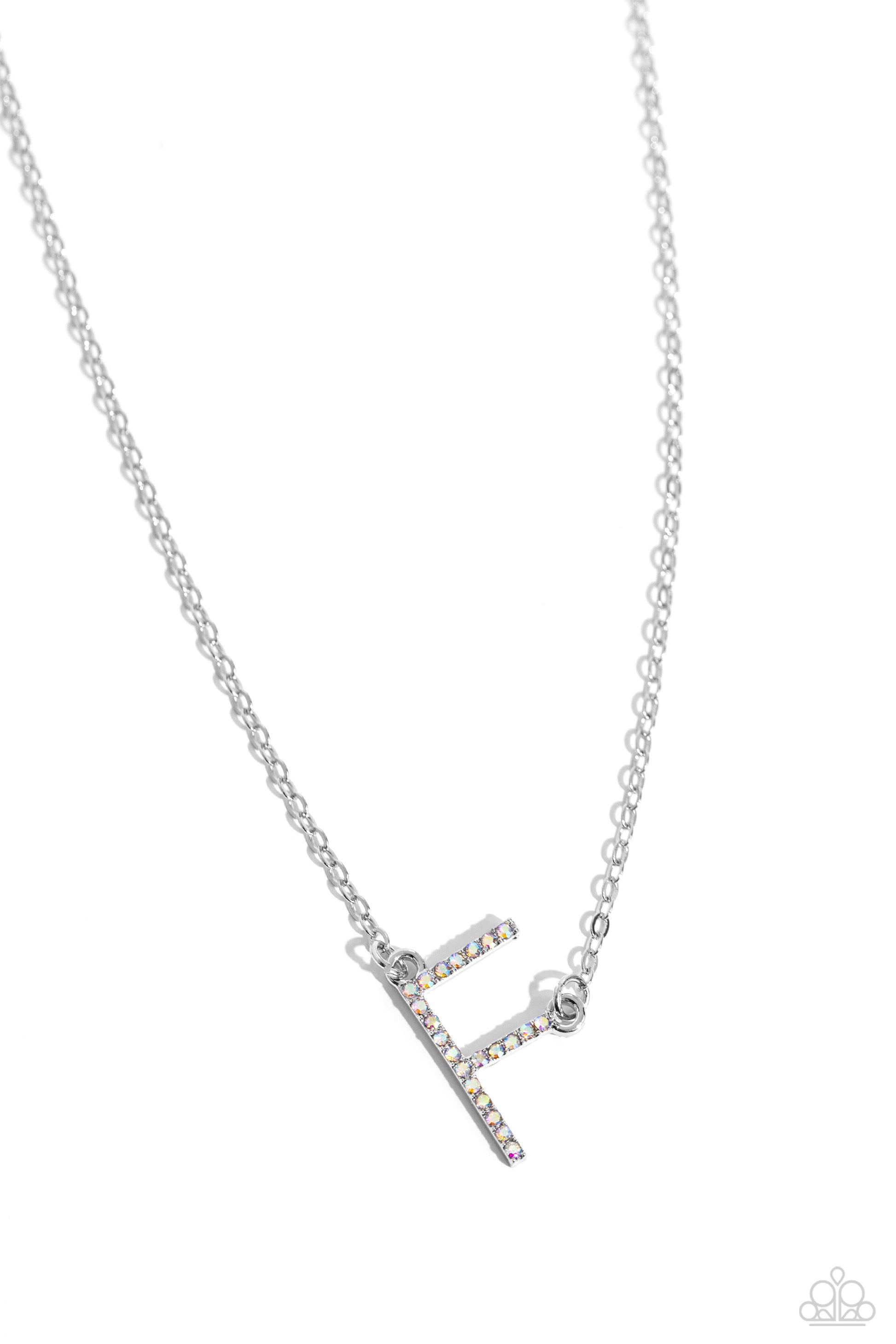 Paparazzi Accessories INITIALLY Yours - F - Multi Embossed with dainty iridescent rhinestones, a silver letter "F" hovers below the collar from a dainty silver chain, for a sentimentally simple design. Features an adjustable clasp closure. Due to its pris