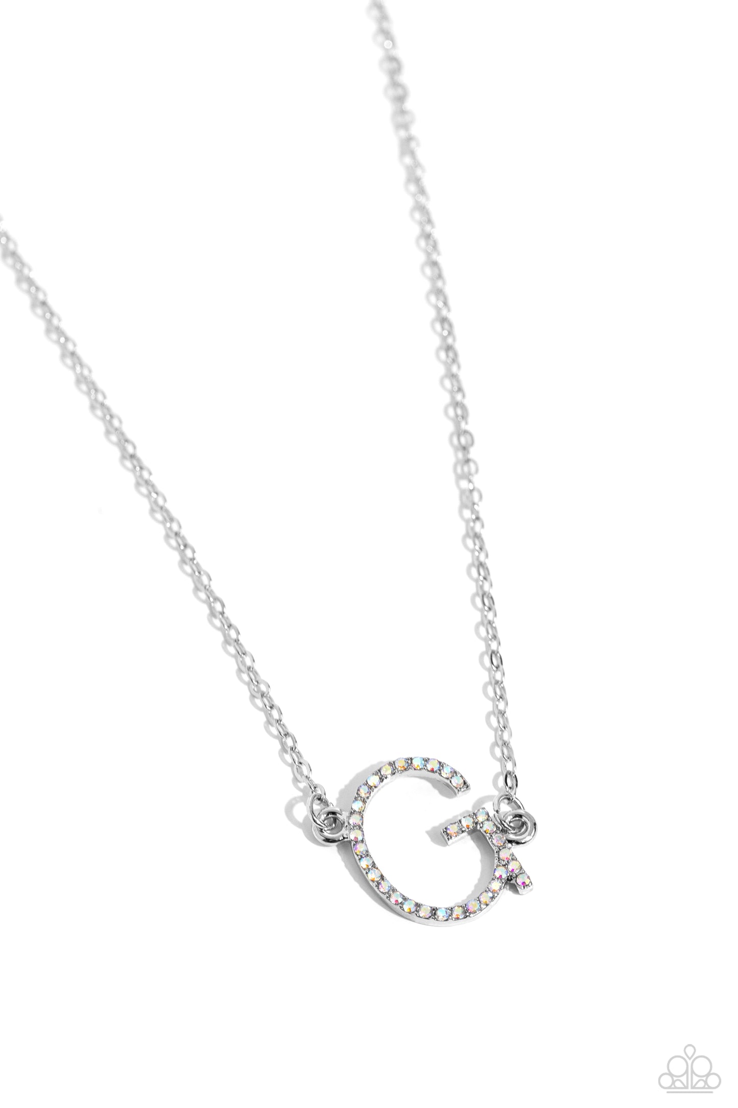 Paparazzi Accessories INITIALLY Yours - G - Multi Embossed with dainty iridescent rhinestones, a silver letter "G" hovers below the collar from a dainty silver chain, for a sentimentally simple design. Features an adjustable clasp closure. Due to its pris