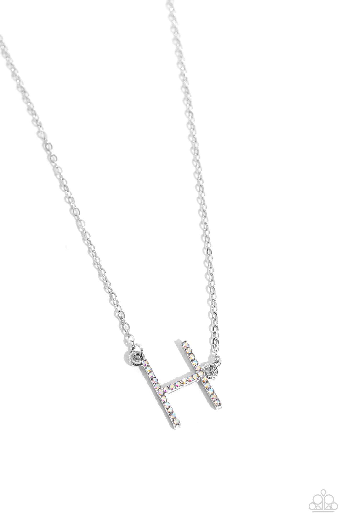 Paparazzi Accessories INITIALLY Yours - H - Multi Embossed with dainty iridescent rhinestones, a silver letter "H" hovers below the collar from a dainty silver chain, for a sentimentally simple design. Features an adjustable clasp closure. Due to its pris