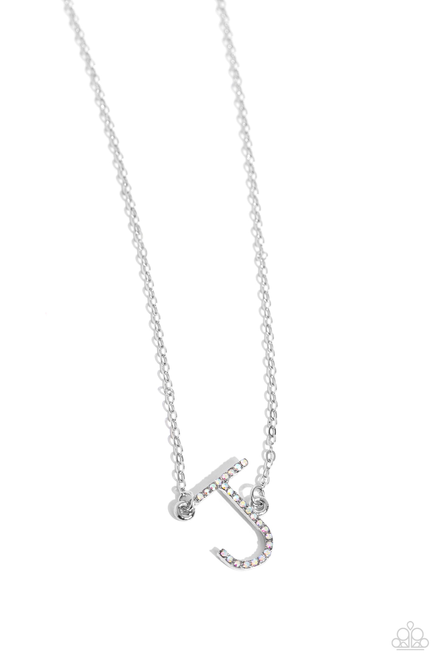 Paparazzi Accessories INITIALLY Yours - J - Multi Embossed with dainty iridescent rhinestones, a silver letter "J" hovers below the collar from a dainty silver chain, for a sentimentally simple design. Features an adjustable clasp closure. Due to its pris