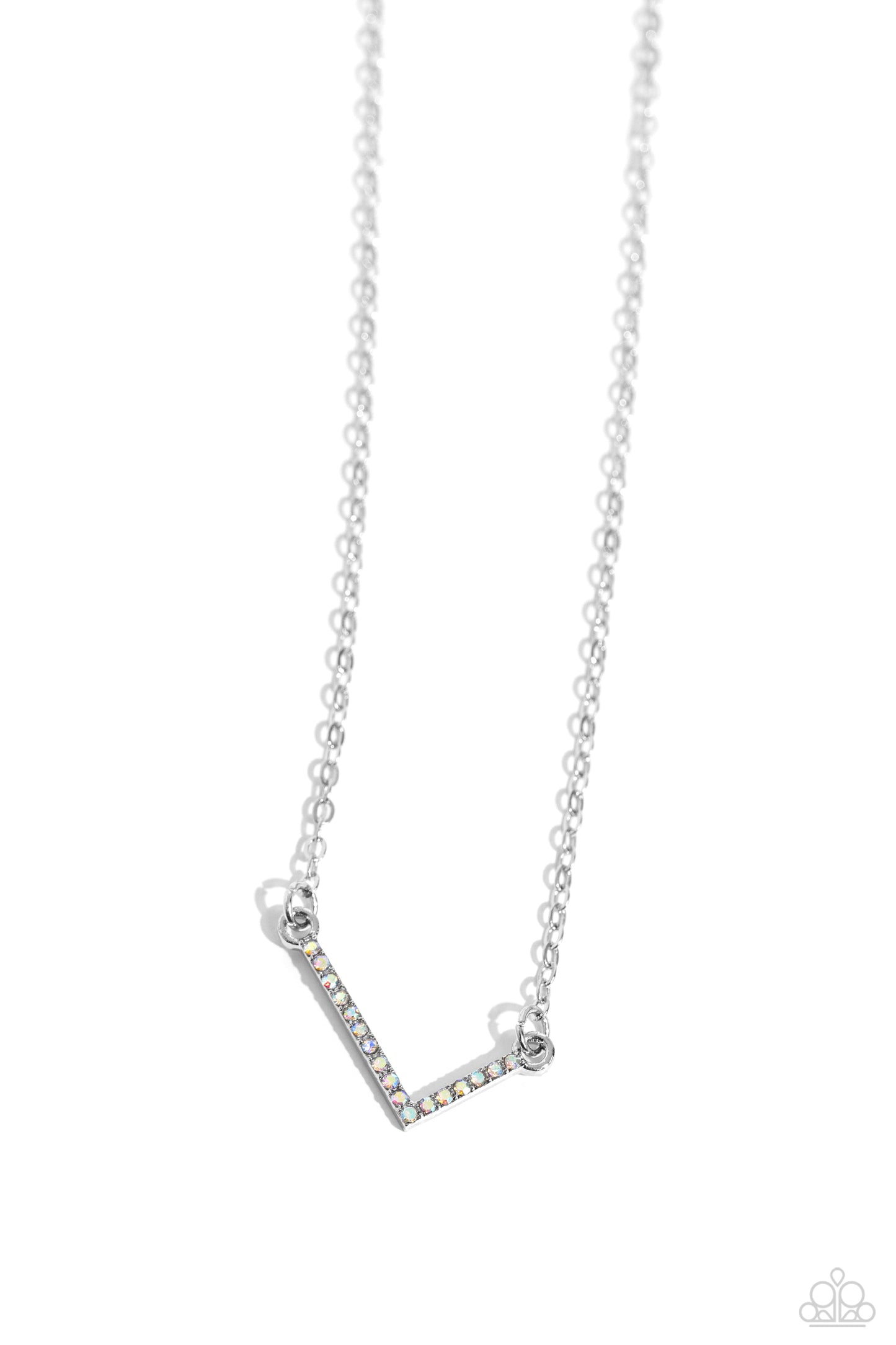 Paparazzi Accessories INITIALLY Yours - L - Multi Embossed with dainty iridescent rhinestones, a silver letter "L" hovers below the collar from a dainty silver chain, for a sentimentally simple design. Features an adjustable clasp closure. Due to its pris