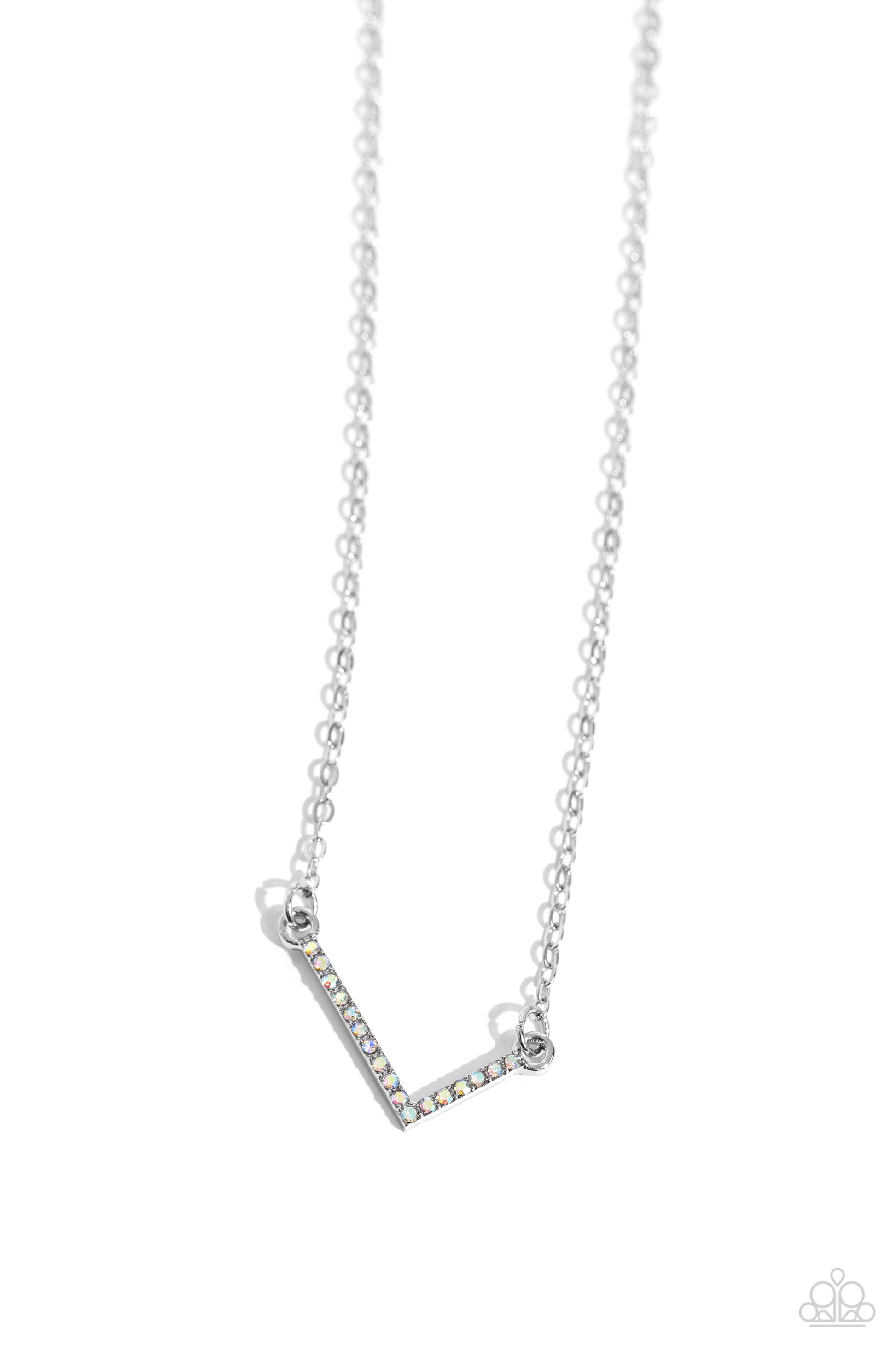 Paparazzi Accessories INITIALLY Yours - L - Multi Embossed with dainty iridescent rhinestones, a silver letter "L" hovers below the collar from a dainty silver chain, for a sentimentally simple design. Features an adjustable clasp closure. Due to its pris