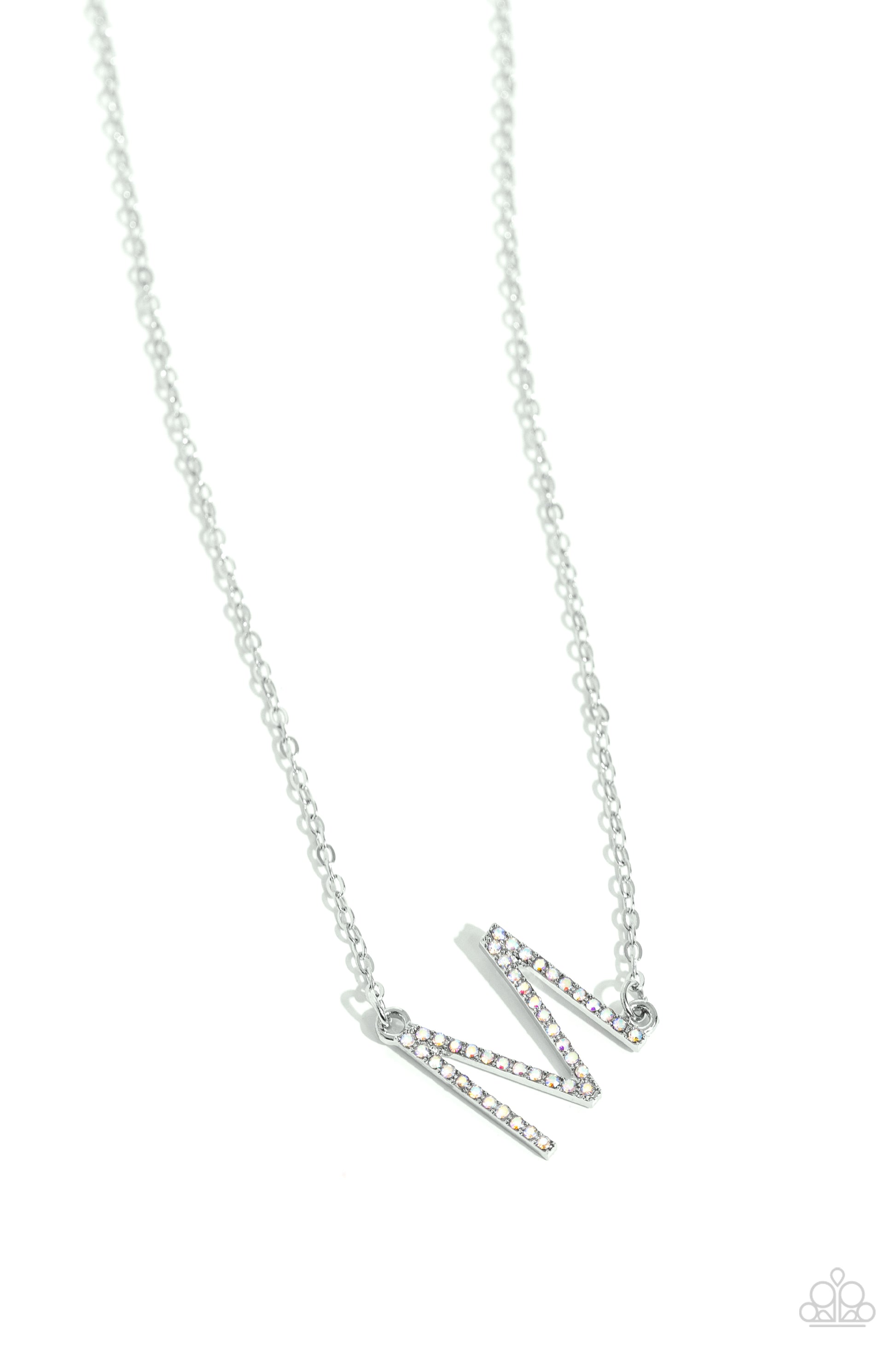 Paparazzi Accessories INITIALLY Yours - M - Multi Embossed with dainty iridescent rhinestones, a silver letter "M" hovers below the collar from a dainty silver chain, for a sentimentally simple design. Features an adjustable clasp closure. Due to its pris