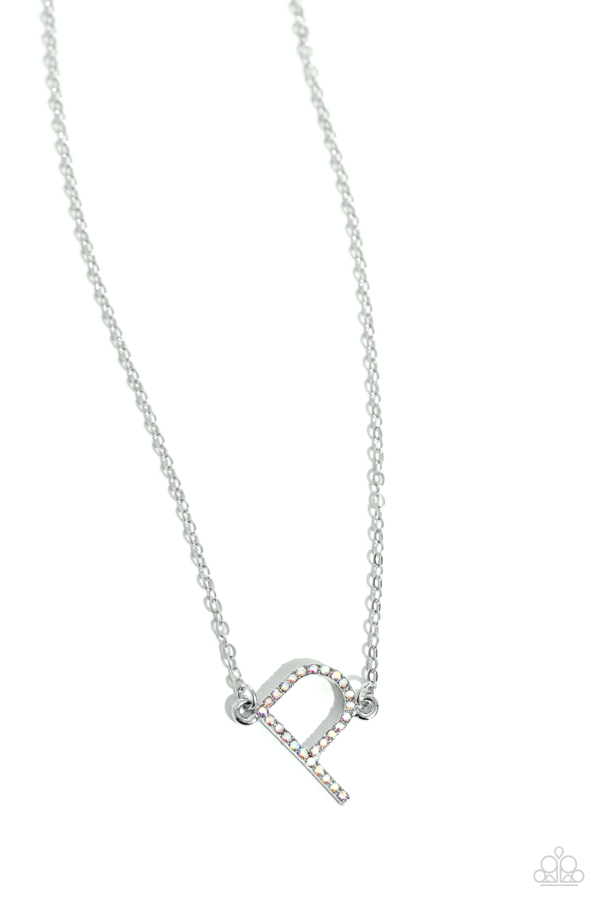 Paparazzi Accessories INITIALLY Yours - P - Multi Embossed with dainty iridescent rhinestones, a silver letter "P" hovers below the collar from a dainty silver chain, for a sentimentally simple design. Features an adjustable clasp closure. Due to its pris