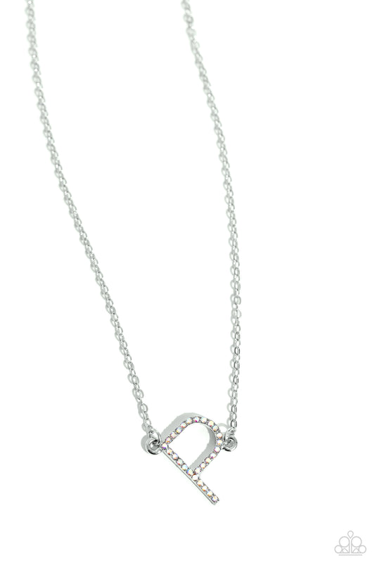 Paparazzi Accessories INITIALLY Yours - P - Multi Embossed with dainty iridescent rhinestones, a silver letter "P" hovers below the collar from a dainty silver chain, for a sentimentally simple design. Features an adjustable clasp closure. Due to its pris