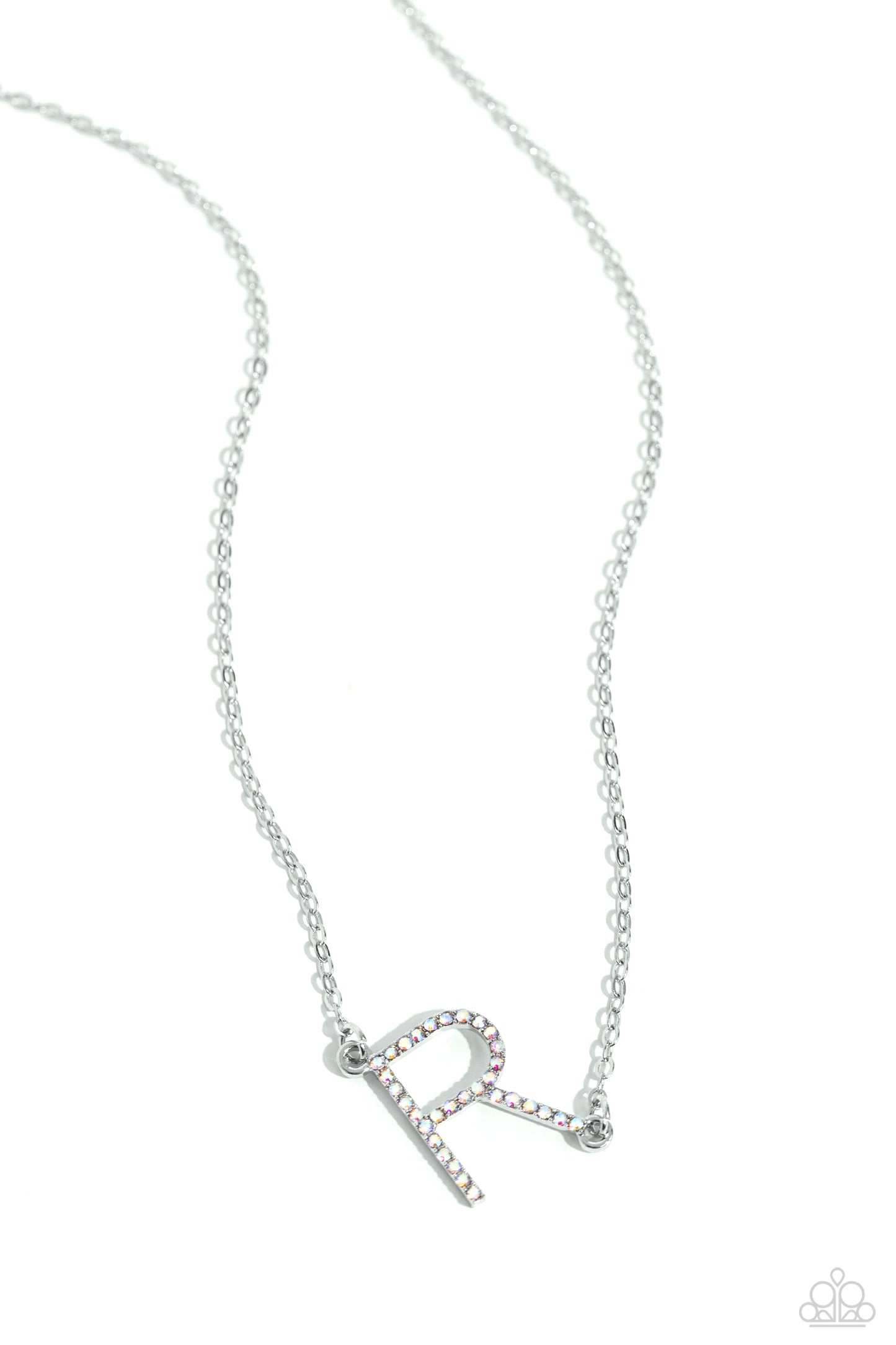Paparazzi Accessories INITIALLY Yours - R - Multi Embossed with dainty iridescent rhinestones, a silver letter "R" hovers below the collar from a dainty silver chain, for a sentimentally simple design. Features an adjustable clasp closure. Due to its pris
