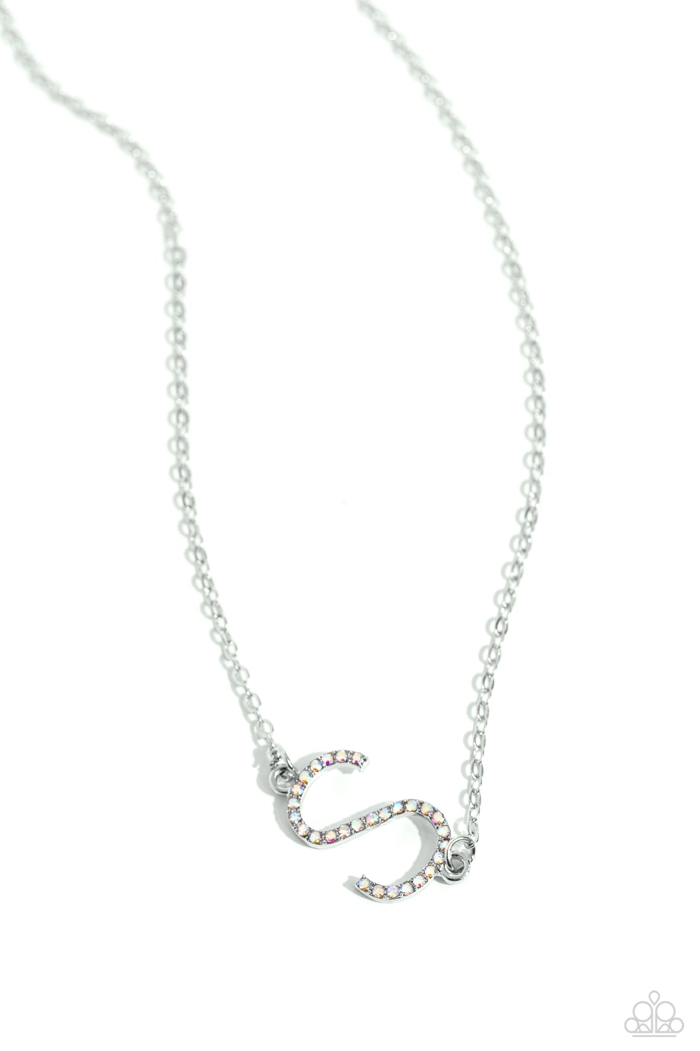Paparazzi Accessories INITIALLY Yours - S - Multi Embossed with dainty iridescent rhinestones, a silver letter "S" hovers below the collar from a dainty silver chain, for a sentimentally simple design. Features an adjustable clasp closure. Due to its pris