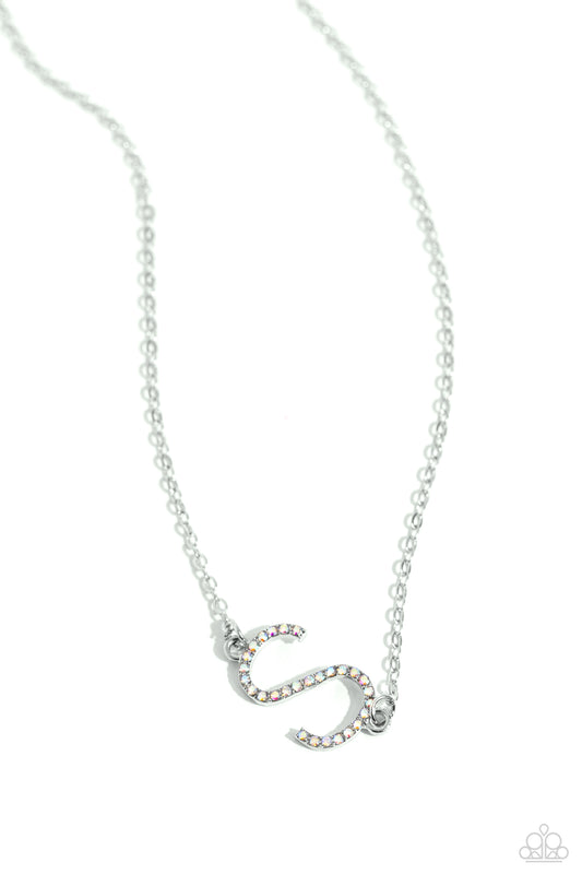 Paparazzi Accessories INITIALLY Yours - S - Multi Embossed with dainty iridescent rhinestones, a silver letter "S" hovers below the collar from a dainty silver chain, for a sentimentally simple design. Features an adjustable clasp closure. Due to its pris