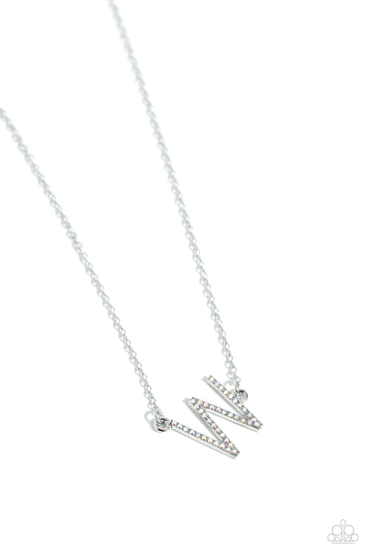 Paparazzi Accessories INITIALLY Yours - W - Multi Embossed with dainty iridescent rhinestones, a silver letter "W" hovers below the collar from a dainty silver chain, for a sentimentally simple design. Features an adjustable clasp closure. Due to its pris