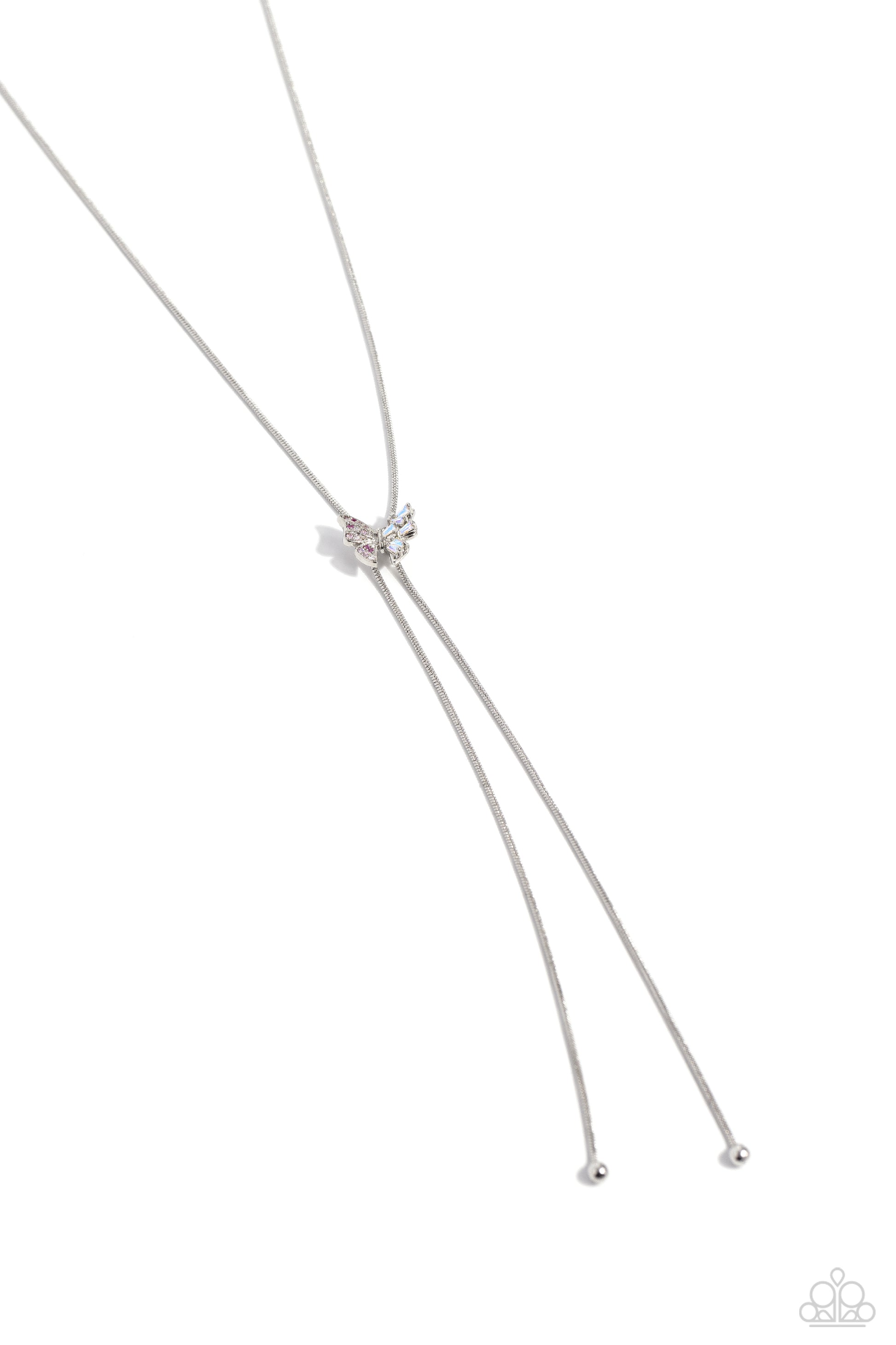 Paparazzi Accessories Adjustable Alliance - Pink Dotted with various dainty pink rhinestones on one wing and chiseled iridescent pieces on the other, a dainty silver butterfly flutters along a strand of silver snake chain, creating a wildly whimsical adju