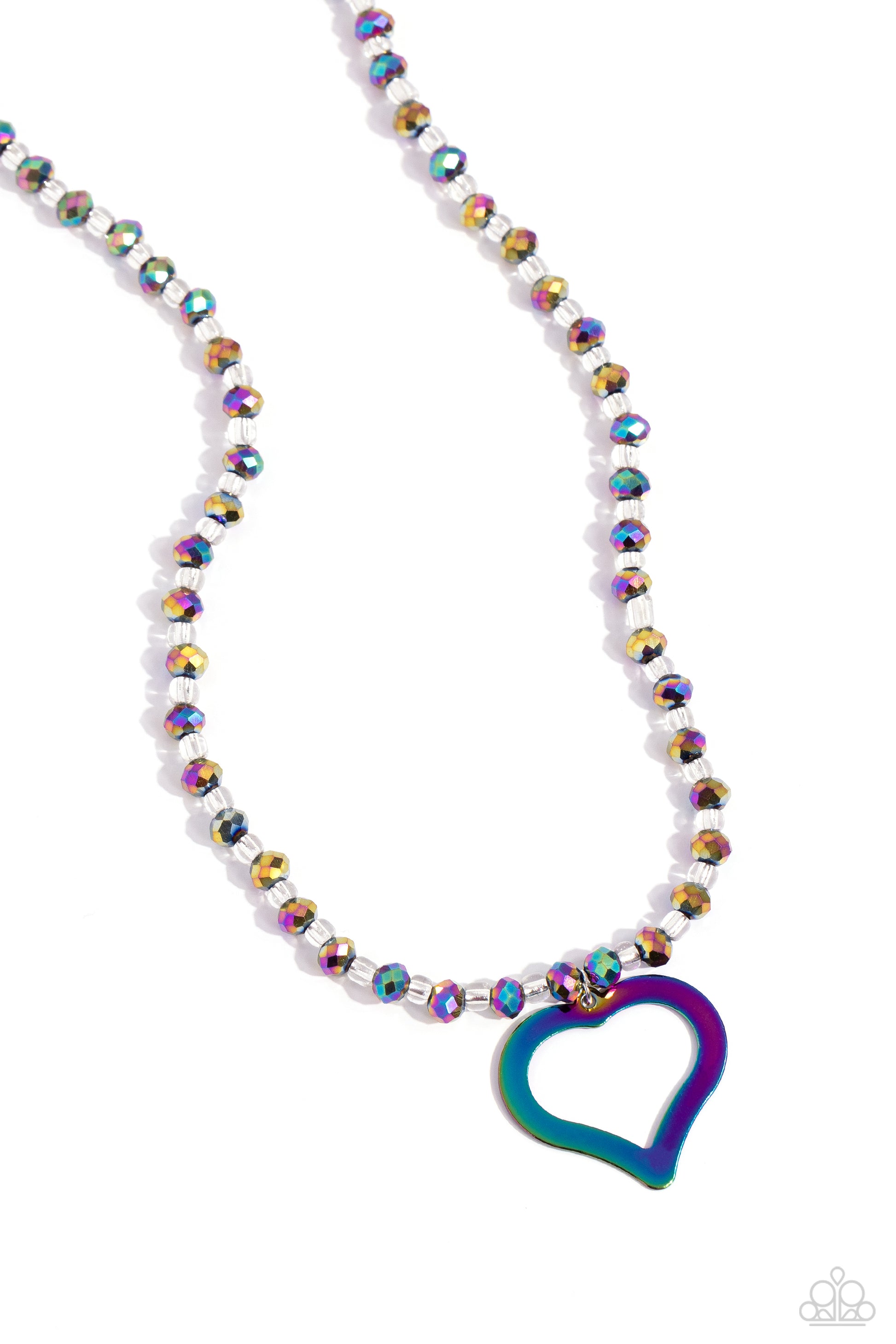 Paparazzi Accessories Faceted Factor - Multi Infused along an invisible string, a collection of faceted oil spill beads alternate with clear beads to create a dazzling display below the neckline. An airy oil spill heart dangles from the high-sheen display