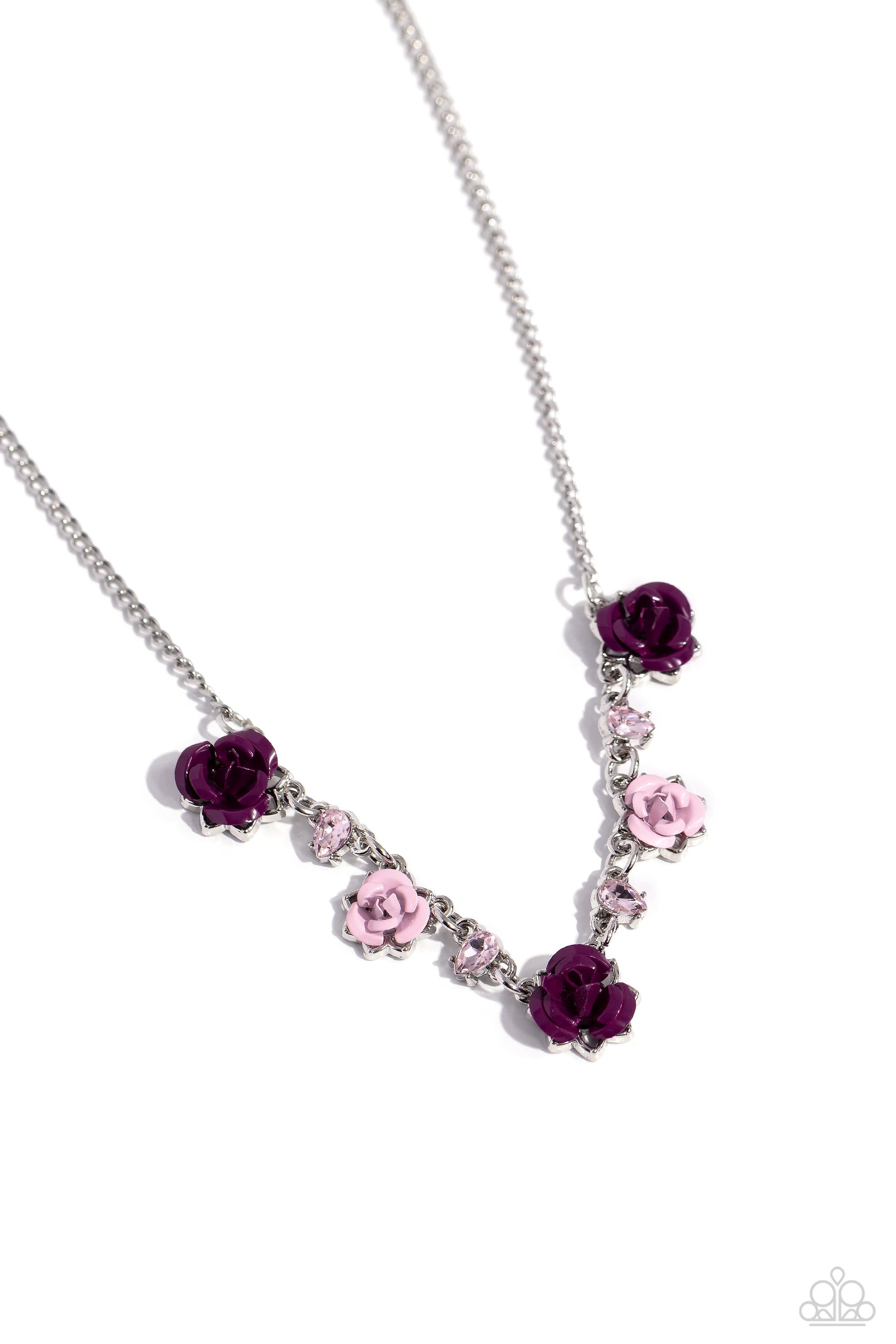 Paparazzi Accessories Strike a ROSE - Purple Painted in plum and baby pink hues, various metal roses delicately alternate with upside-down pink teardrop gems across a dainty silver chain, blooming into a seasonal centerpiece. Features an adjustable clasp