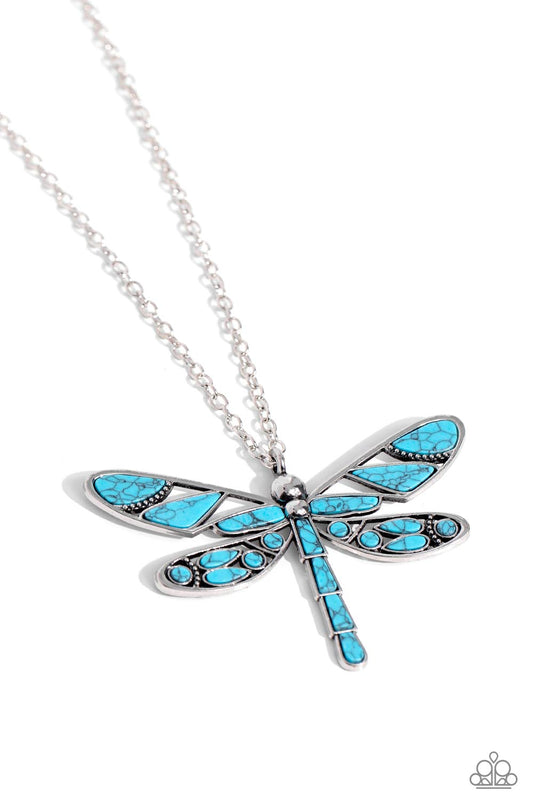 Paparazzi Accessories FLYING Low - Blue Featuring a classic silver chain, various cuts of turquoise stone are passed into an oversized, airy silver dragonfly pendant for a rustically earthy centerpiece. Features an adjustable clasp closure. As the stone e