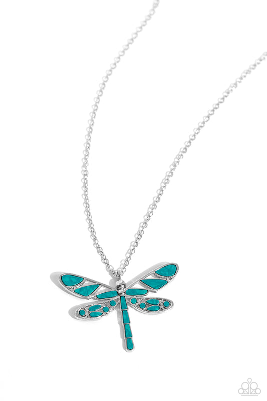 Paparazzi Accessories FLYING Low - Green Featuring a classic silver chain, various cuts of green, teal-like stone are passed into an oversized, airy silver dragonfly pendant for a rustically earthy centerpiece. Features an adjustable clasp closure. As the