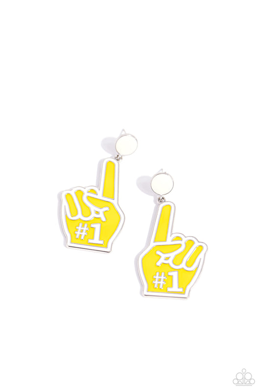 Paparazzi Accessories My Number One - Yellow Featuring white-painted details and a "#1", a High Visibility, foam-inspired fan pointer-finger hand attaches to the bottom of a white-painted post, creating a sporty lure. Earring attaches to a standard post f