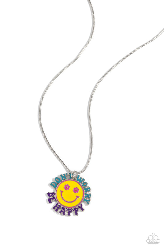 Paparazzi Accessories Dont Worry, Stay Happy - Multi A glistening yellow-painted disc is stamped with Pink Peacock and orange smiley face details. The phrase "Don't Worry" and "Be Happy" "wrap around the outside of the floral-inspired smiley face in turqu
