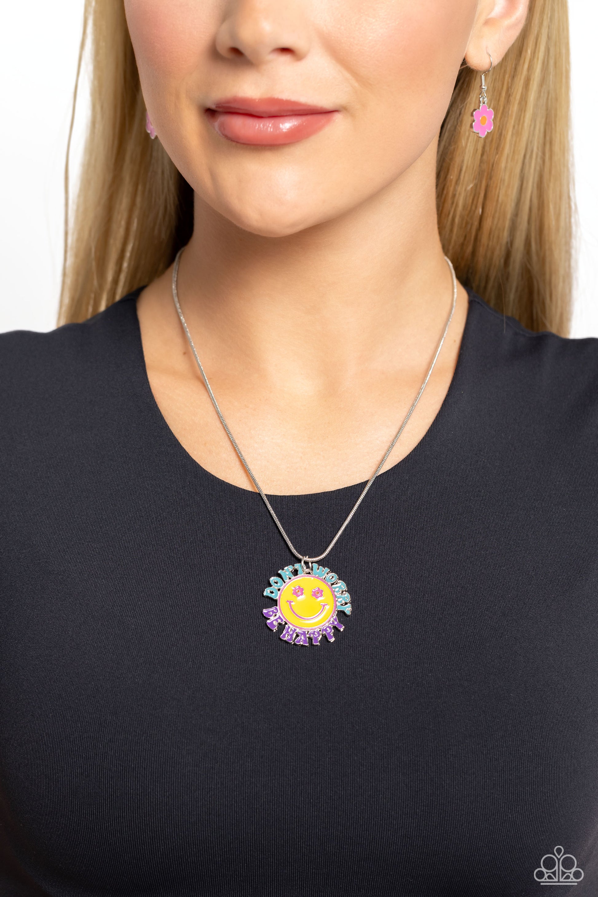 Paparazzi Accessories Dont Worry, Stay Happy - Multi A glistening yellow-painted disc is stamped with Pink Peacock and orange smiley face details. The phrase "Don't Worry" and "Be Happy" "wrap around the outside of the floral-inspired smiley face in turqu