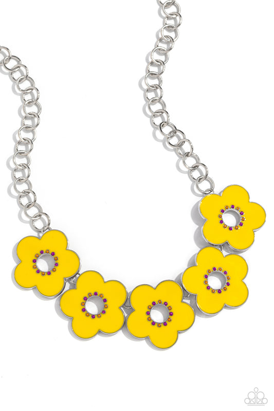 Paparazzi Accessories Cartoon Couture - Yellow Cascading from a collection of glistening silver links, High Visibility-painted airy flowers bloom across the collar. Embellished around each center, Rose Violet and orange beads are dotted in an alternate pa