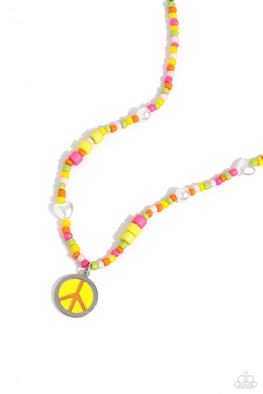 Paparazzi Accessories Pearly Possession - Multi Infused along an invisible string, yellow, green, orange, white, and pink seed beads combine with sporadically placed multicolored discs, and glossy white and heart-shaped pearls for a vibrant pop of color a