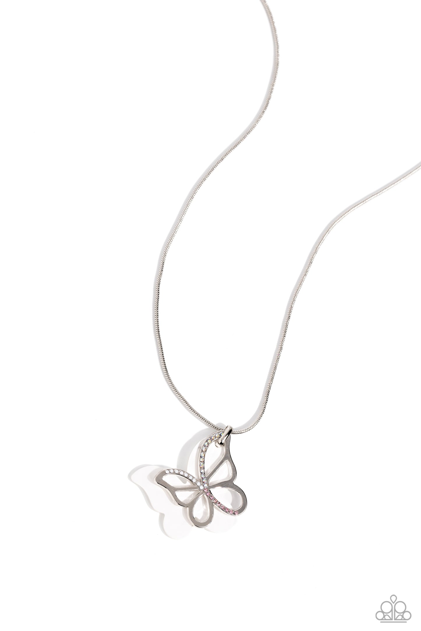Paparazzi Accessories Detailed Dance - White Layered beside a silver butterfly silhouette dotted with pink, iridescent, and opalescent rhinestones, a white-painted acrylic butterfly flutters from a silver snake chain below the collar for a whimsical fashi