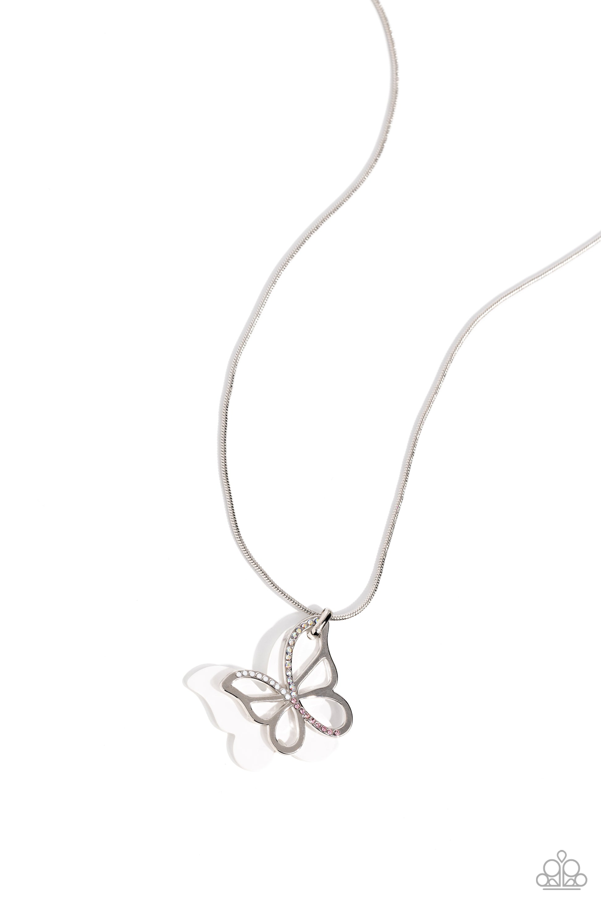 Paparazzi Accessories Detailed Dance - White Layered beside a silver butterfly silhouette dotted with pink, iridescent, and opalescent rhinestones, a white-painted acrylic butterfly flutters from a silver snake chain below the collar for a whimsical fashi