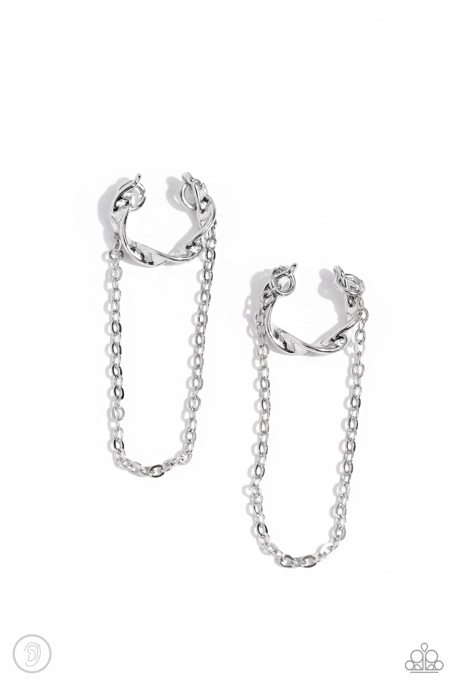 Paparazzi Accessories CUFF Hanger - Silver A glistening silver bar delicately twists into a dainty hoop while a solitaire shimmery silver chain cascades below it, creating an adjustable refined, one-size-fits-all display. Sold as one pair of cuff earrings