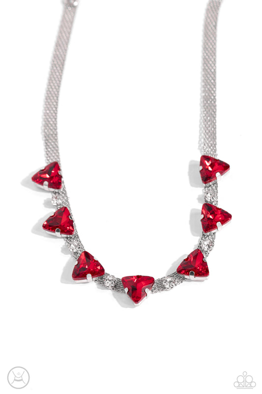 Paparazzi Accessories Strands of Sass - Red Suspended from two silver fittings, a shimmery cascade of dainty silver chains layer around the collar for an industrial statement. Infused amongst the industrial strands, a collection of pronged white gems alte