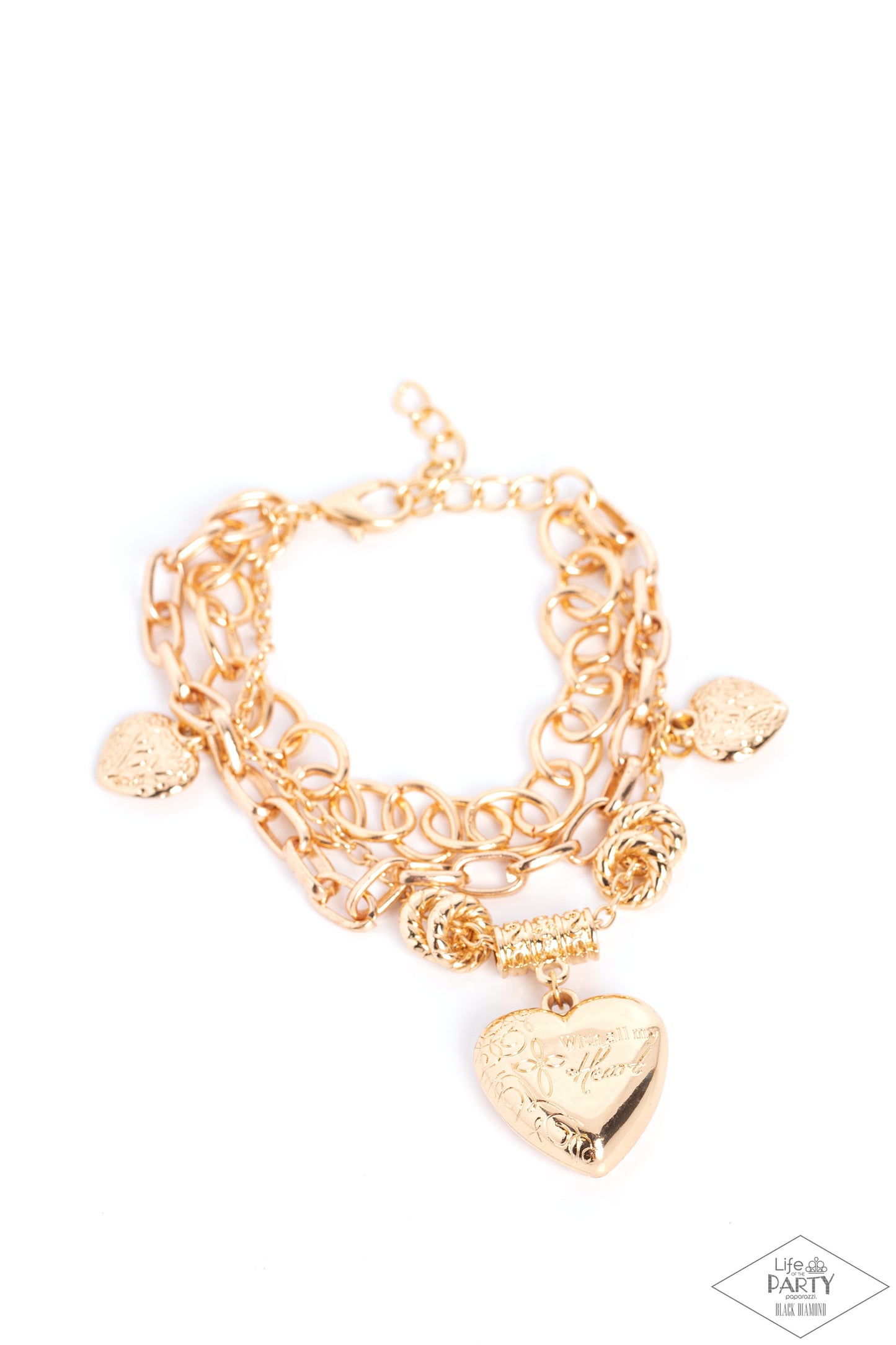 Paparazzi Accessories After My Own Heart - Gold A collection of gold hearts and gold rings combine with a larger heart charm adorned in a feminine floral pattern. The heart charm is inscribed with the phrase, "With All My Heart," on one side and a short b
