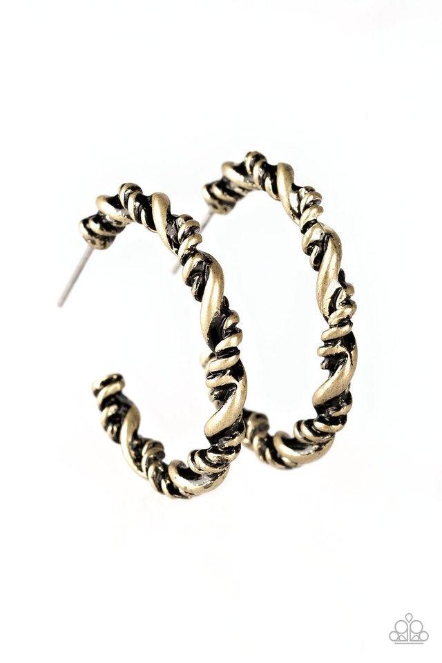 Paparazzi Accessories Plainly Panama - Brass Featuring smooth and serrated textures, glistening brass ribbons twist into a shimmery brass hoop for a tribal inspired look. Earring attaches to a standard post fitting. Hoop measures 1" in diameter. Jewelry