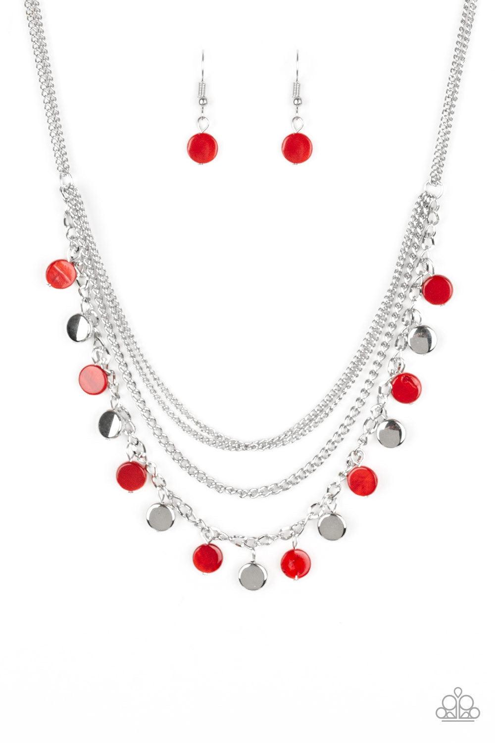 Paparazzi Accessories Beach Flavor - Red Mismatched silver chains layer below the collar. Shell-like red beads and shiny silver beads trickle from the lowermost chain, creating an iridescent fringe. Features an adjustable clasp closure. Jewelry