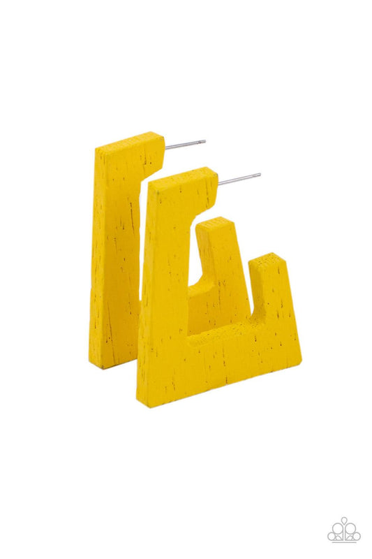 Paparazzi Accessories The Girl Next OUTDOOR - Yellow Painted in a sunny yellow finish, a distressed wooden frame curves around the ear, creating a rectangular hoop for a retro effect. Earring attaches to a standard post fitting. Hoop measures approximatel