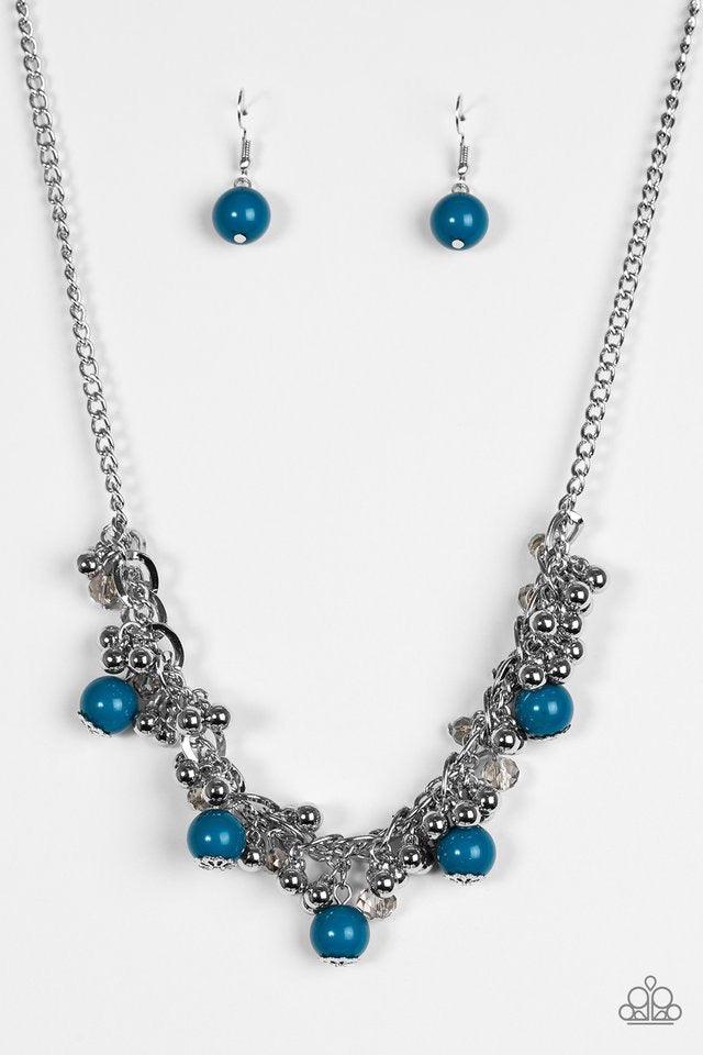 Paparazzi Accessories A Pop of Posh - Blue Crystal like beads and classic silver beads dangle from a bold silver chain, creating a clustered fringe below the collar. Polished blue beads trickle between the clustered beading, adding a casual pop of color t
