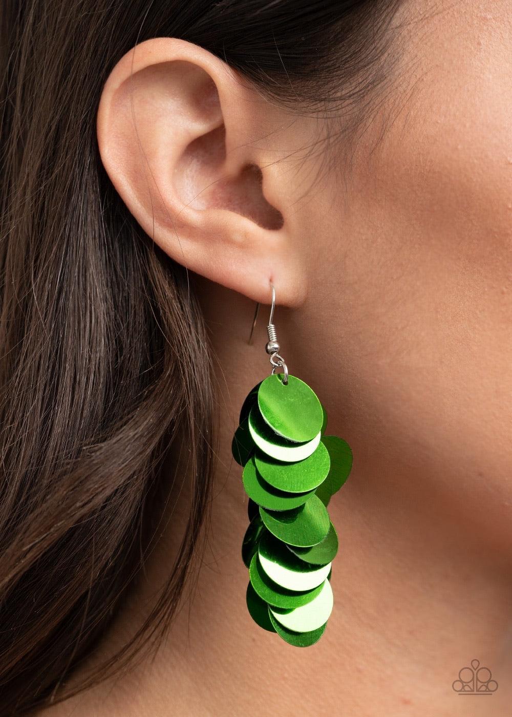 Paparazzi Accessories Now You SEQUIN It - Green A cluster of bubbly metallic green sequins dangle from the ear, creating effortless effervescence. Earring attaches to a standard fishhook fitting. Sold as one pair of earrings. Jewelry