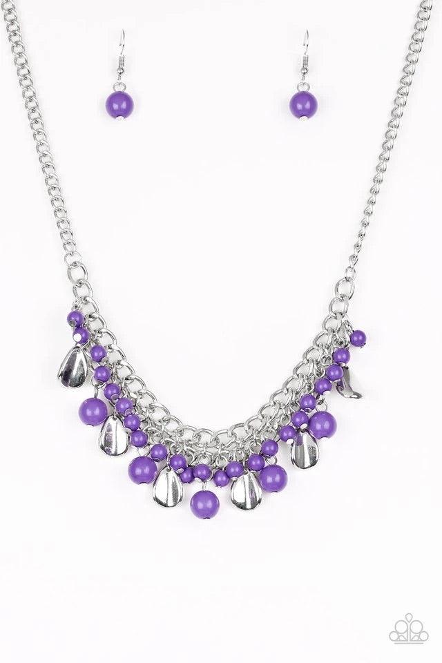 Paparazzi Accessories Summer Showdown - Purple Vivacious purple beads and curved silver teardrops swing from the bottom of interlocking silver chains, creating a flirtatious fringe below the collar. Features an adjustable clasp closure.Sold as one individ