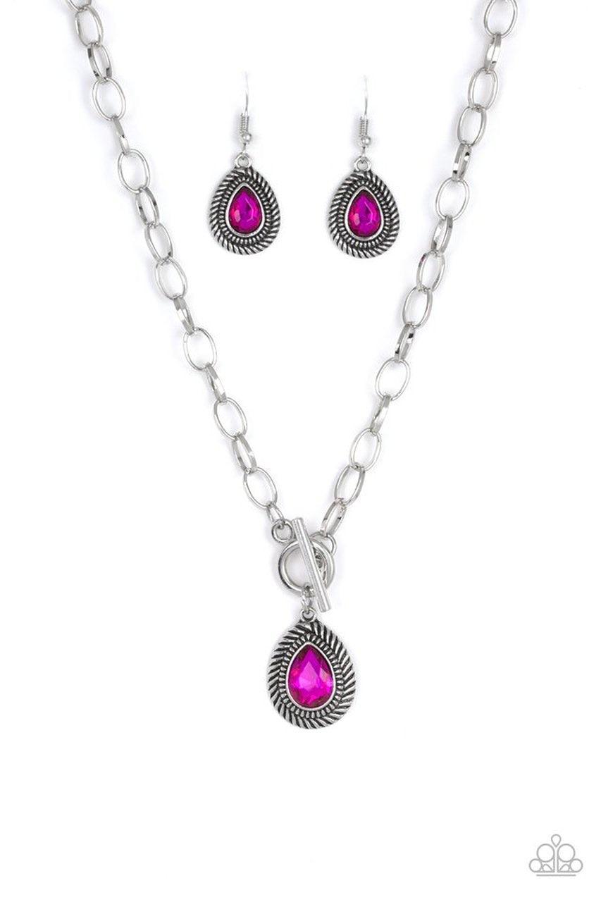 Paparazzi Accessories Sheen Queen - Pink A faceted pink teardrop gem is pressed into a textured silver frame. The glamorous pendant swings from a shimmery silver hoop below the collar for statement-making fashion. Features a toggle closure. Jewelry
