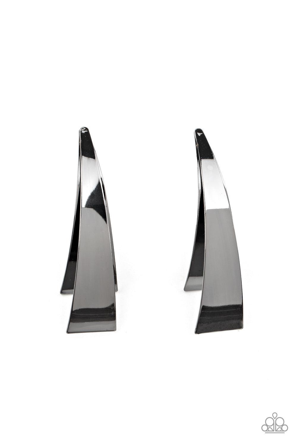 Paparazzi Accessories Underestimated Edge ~Black Two flat gunmetal triangular frames delicately stack and curl into an unexpectedly edgy half-hoop. Earring attaches to a standard post fitting. Sold as one pair of post earrings. Earrings