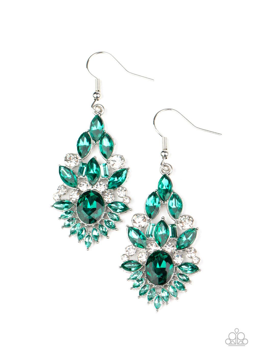 Paparazzi Accessories Ice Castle Couture - Green Featuring an elegant variety of round, marquise, oval, and emerald style cuts, a glittery collision of green and white rhinestones delicately coalesce into a jaw-dropping lure. Earring attaches to a standar