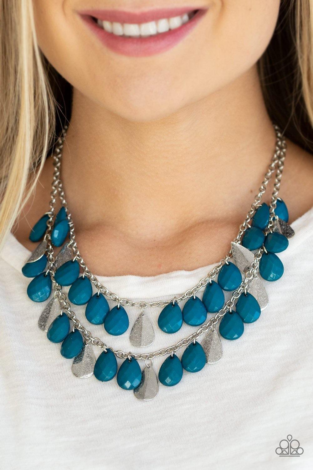 Paparazzi Accessories Life of the FIESTA - Blue Two strands of silver chain are decorated in a flirtatious fringe of faceted blue teardrops. Glittery beveled silver teardrops are sprinkled between the blue beading, adding hints of shimmer to the vibrant d