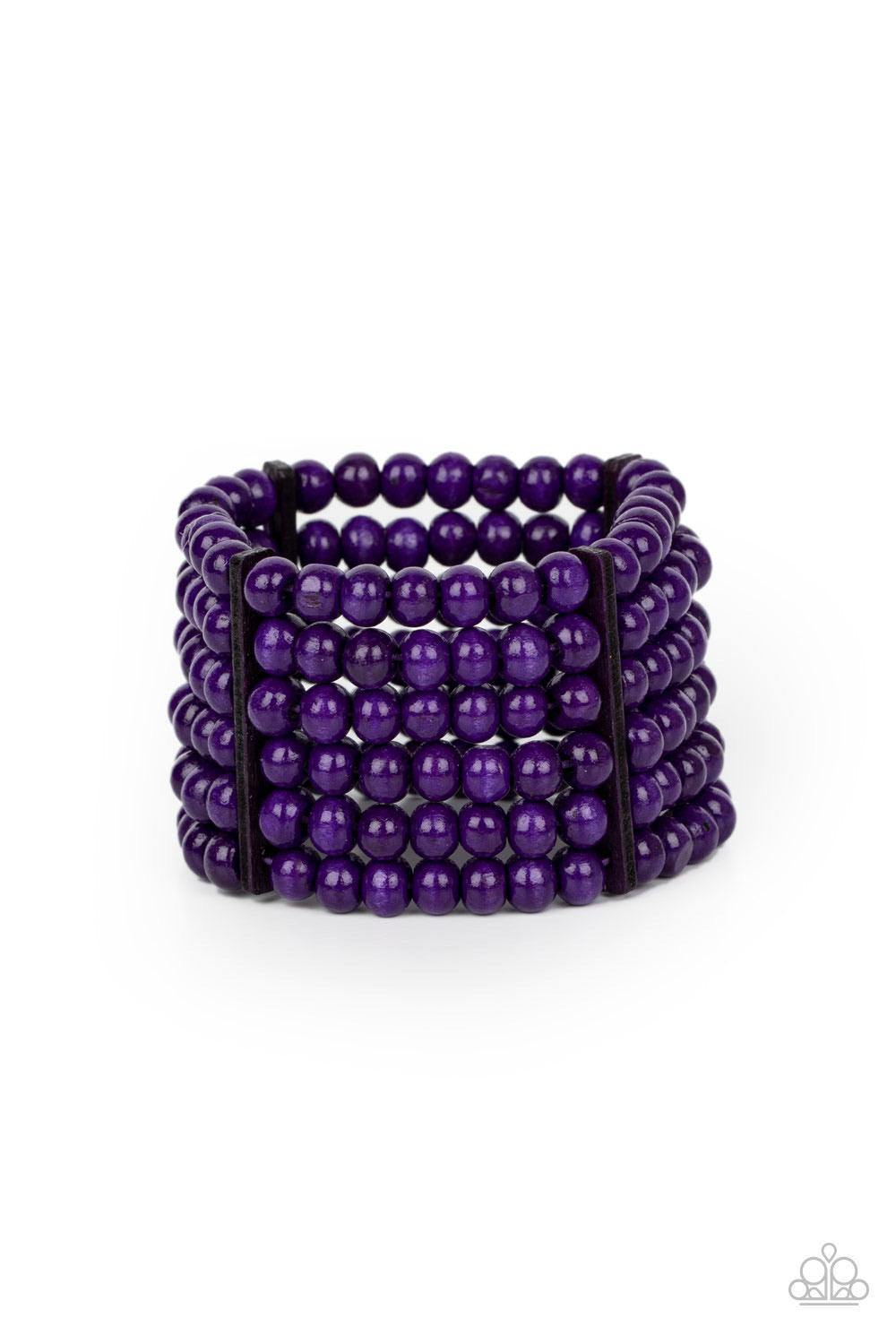 Paparazzi Accessories Tanning in Tanzania - Purple Held together with rectangular wooden fittings, strands of vivacious purple wooden beads are threaded along stretchy bands that layer around the wrist into one colorful stretch bracelet Sold as one indivi