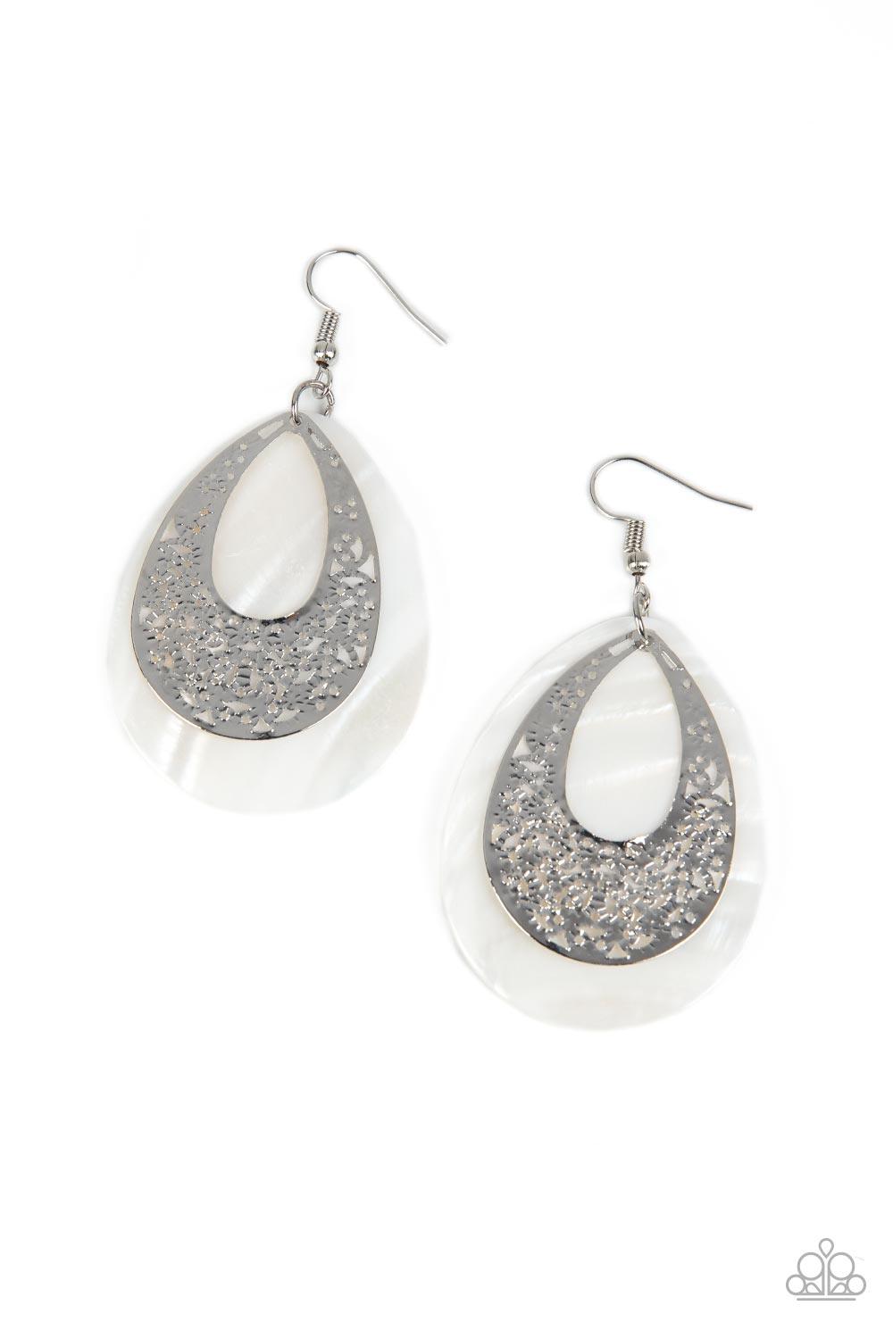 Paparazzi Accessories Bountiful Beaches - White hammered silver teardrop that is stenciled in an abstract pattern delicately overlaps with a white shell-like teardrop, creating a whimsical lure as it swings from the ear. Earring attaches to a standard fis