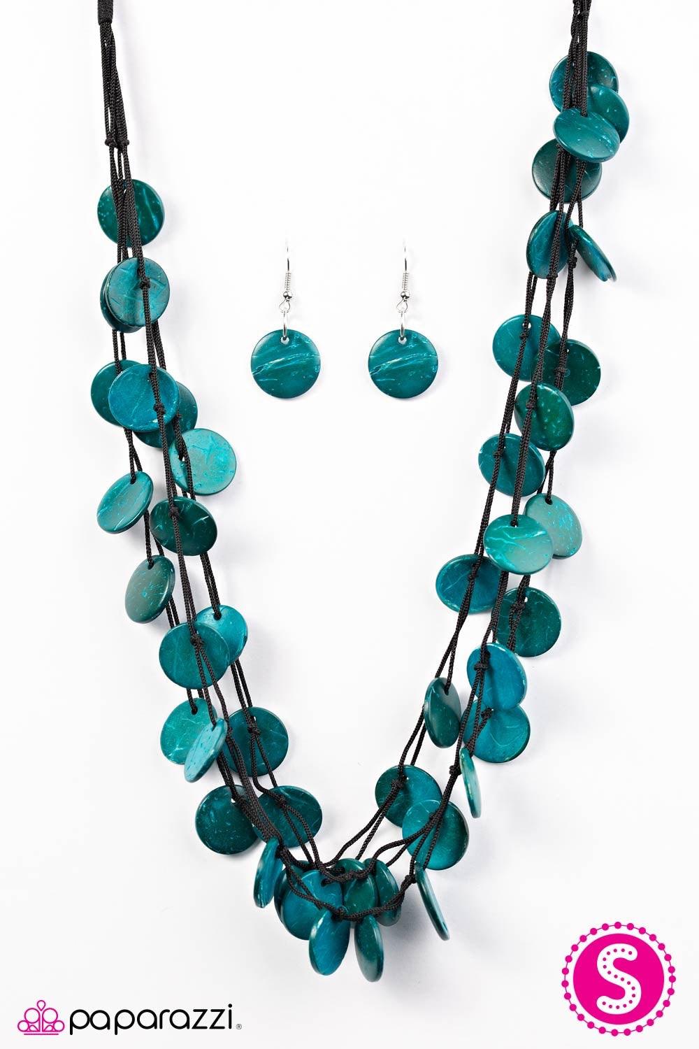 Paparazzi Accessories Caribbean Catch - Blue Tinted in a bright blue finish, shiny wooden discs trickle along shiny black cording, creating three colorful layers below the collar. Features a button-loop closure. Jewelry