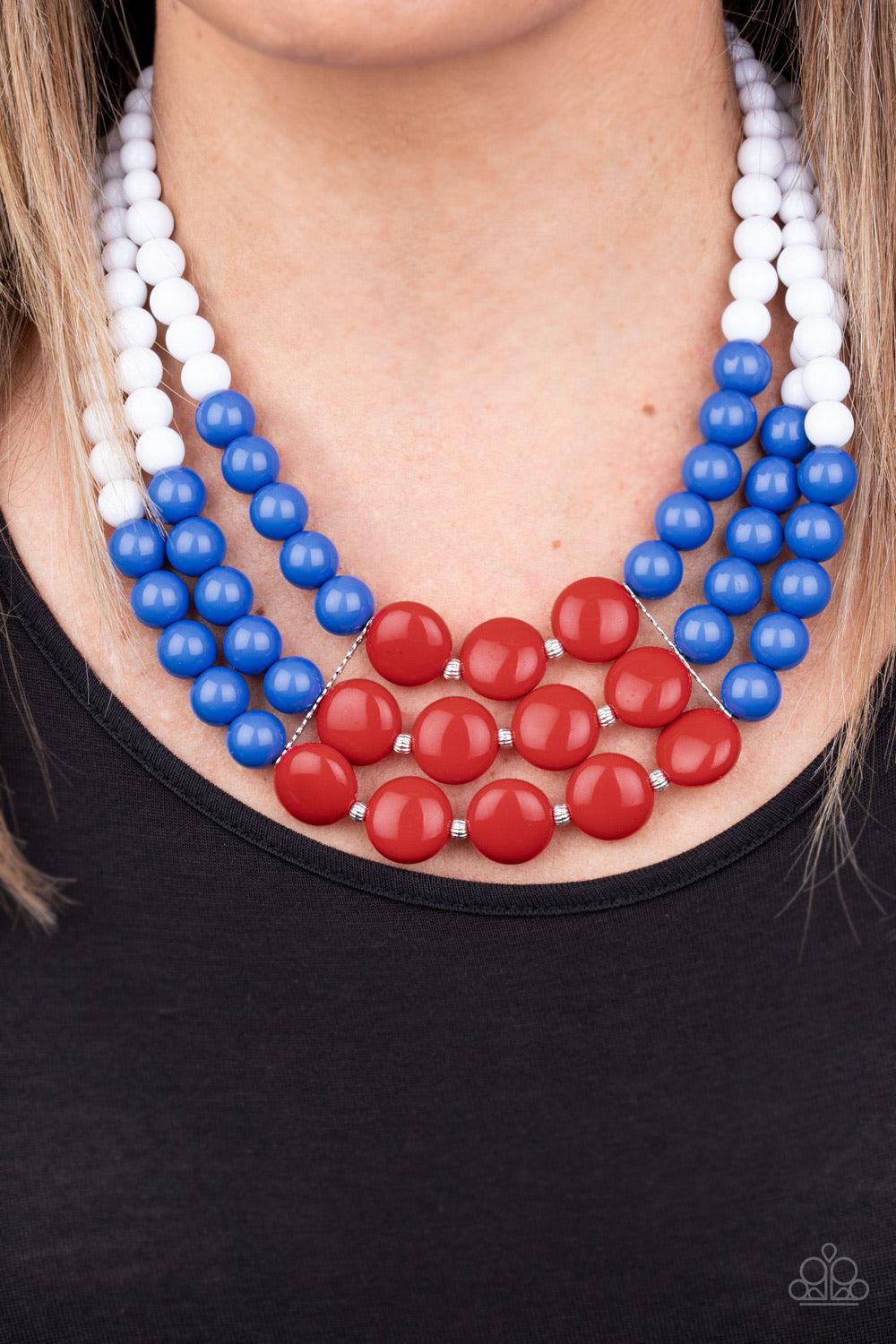 Paparazzi Accessories Beach Bauble - Multi Held together by dainty silver fittings, strands of beads fade from white to blue to red along invisible wires below the collar for a statement-making finish. Features an adjustable clasp closure. Jewelry