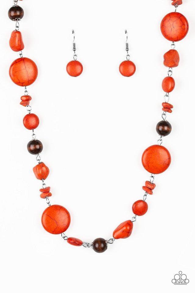Paparazzi Accessories Canyon Collection ~Orange Chiseled into round and earthy pebble cuts, orange stones link below the collar in a seasonal fashion. Shiny wooden beads are sprinkled between the earthy stone accents for a handcrafted, artisan inspired fi