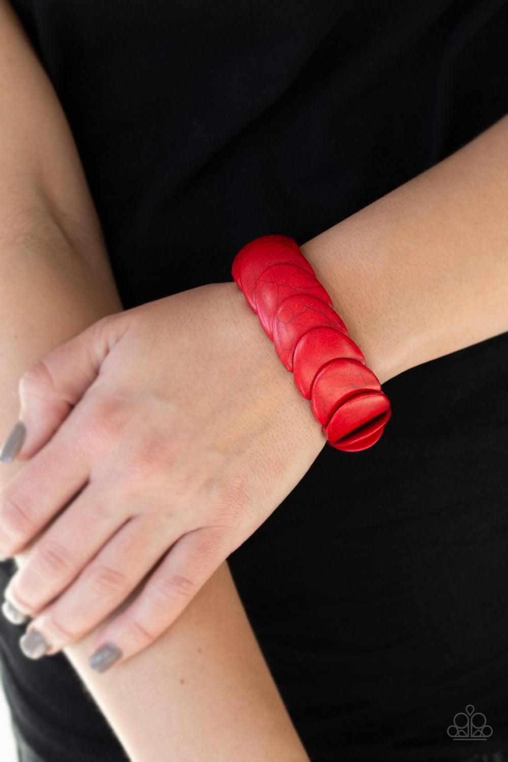 Paparazzi Accessories Normadic Nature - Red Overlapping red stones are threaded along stretchy bands around the wrist for an artisan inspired look. Jewelry