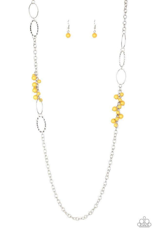 Paparazzi Accessories Flirty Foxtrot - Yellow Smooth and hammered silver rings join clusters of yellow beads along a shimmery silver chain for a colorful look. Features an adjustable clasp closure. Jewelry
