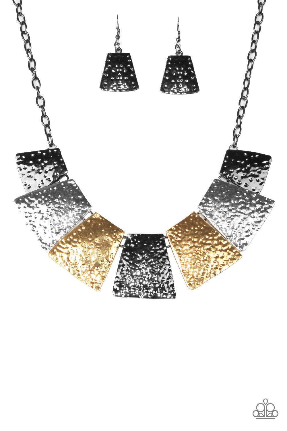 Paparazzi Accessories Here Comes The Huntress - Multi Featuring flared edges, delicately hammered gunmetal, silver, and gold plates link below the collar for a fierce look. Features an adjustable clasp closure. Sold as one individual necklace. Includes on