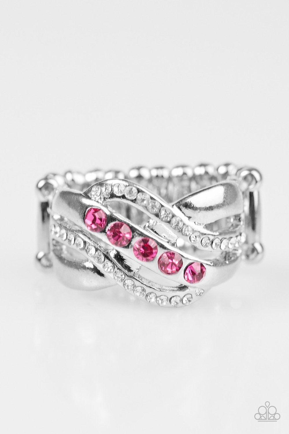 Paparazzi Accessories Flirting With Sparkle - Pink Shimmery silver bars swoop across the finger, creating an airy band. Complemented with dainty white rhinestones, the centermost silver band is encrusted in glittery pink rhinestones for a flirtatious fini