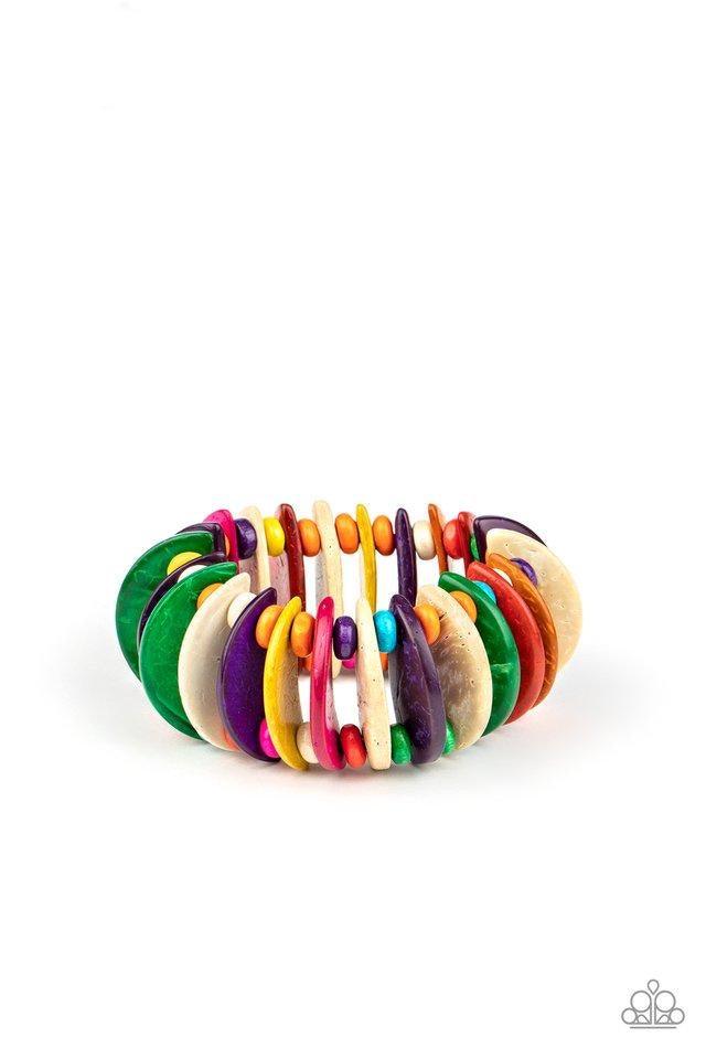 Paparazzi Accessories Tropical Tiki Bar - Multi Infused with multicolored wooden beads, distressed multicolored wooden crescents are threaded along stretchy bands around the wrist for a summery look. Sold as one individual bracelet. Jewelry