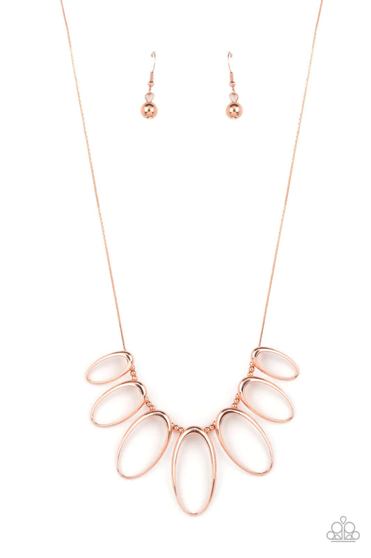 Paparazzi Accessories The MANE Ingredient - Copper Separated by trios of dainty shiny copper beads, shiny silver ovals gradually increase in size as they glide along a dainty and flat shiny copper chain below the collar, resulting in an airy fringe. Featu